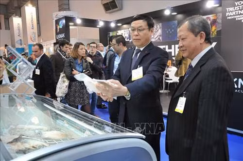 越南驻比利时大使武光英(右二)参观越南展位。图自越通社 越南驻比利时大使武光英(右二)参观越南展位。图自越通社