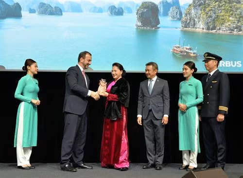 越南国会主席阮氏金银出席空客向越南国家航空公司（越航）代表交付A350-900飞机的仪式。图自越通社