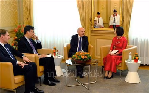 越南驻瑞士大使黎铃兰向瑞士总统乌利·毛雷尔递交国书。图自越通社