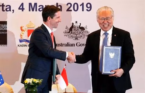2019年3月4日两国在印尼首都雅加达正式签署该协定。图自Reuters 2019年3月4日两国在印尼首都雅加达正式签署该协定。图自Reuters