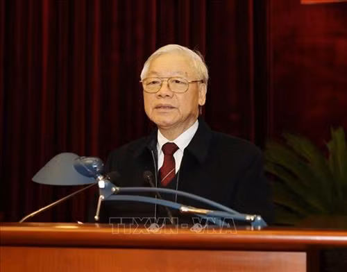 阮富仲在会上发表讲话。图自越通社 阮富仲在会上发表讲话。图自越通社