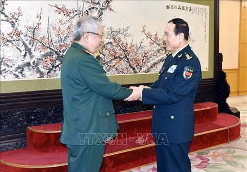 阮志咏上将拜访中共中央委员、国务委员兼国防部长魏凤和。图自越通社