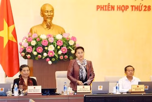 越南国会主席阮氏金银在第十四届国会常委会第28次会议闭幕式上发表讲话。图自越通社