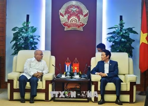 越南信息与传媒部副部长黄永保与古巴图书研究院副院长桑塔纳。(图片来源:越通社) 越南信息与传媒部副部长黄永保与古巴图书研究院副院长桑塔纳。(图片来源:越通社)