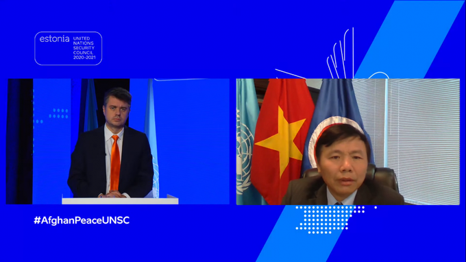 越南常驻联合国代表团团长邓庭贵大使出席视频会议。图自越通社 越南与联合国安理会:越南支持阿富汗人主导自己的和平进程 ảnh 1