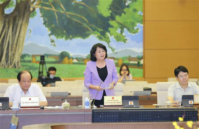 越南国家副主席邓氏玉盛在会上发表讲话。图自越通社 国会常委会第48次会议:将提请国会第十次会审议撤销范富国国会代表资格 ảnh 1
