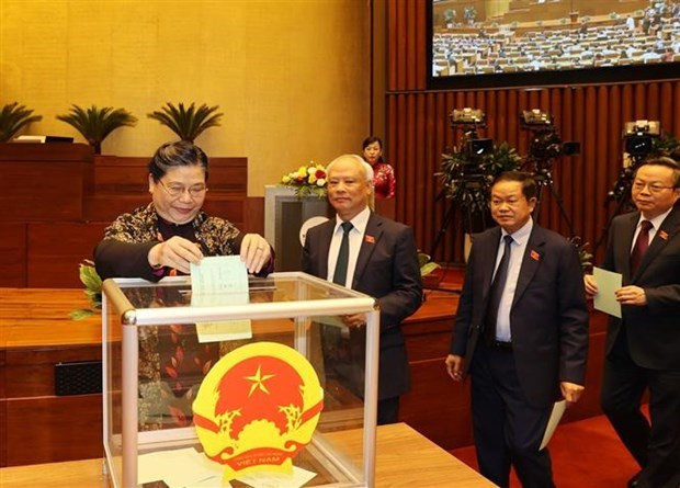国会代表投票选举国会主席、国家选举委员会主席。图自越通社 第十四届越南国会第十一次会议新闻公报(第六号) ảnh 1