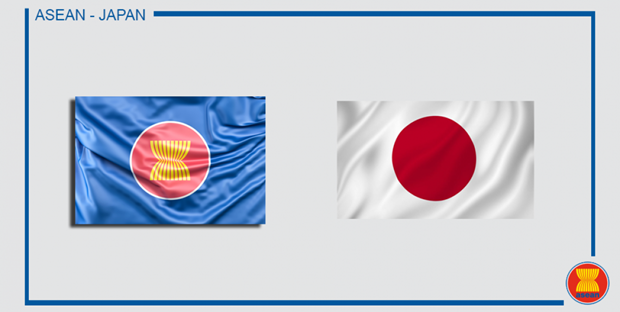 东盟旗和日本的国旗。图自ASEAN.org 东盟与日本建立友好合作关系50周年纪念网站正式亮相 ảnh 1