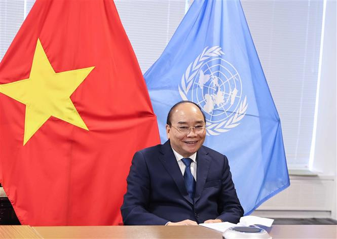 阮春福以线上形式会见国际货币基金组织总裁克里斯塔利娜 。 图自越通社 第76届联合国大会:国家主席阮春福会见各国领导 ảnh 1