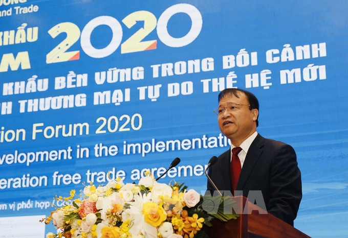 越南工贸部副部长杜胜海在12月16日举行的“2020年越南出口促进论坛”上发表讲话。图自越通社 2020年全年越南商品出口总额或达2670亿美元 ảnh 1