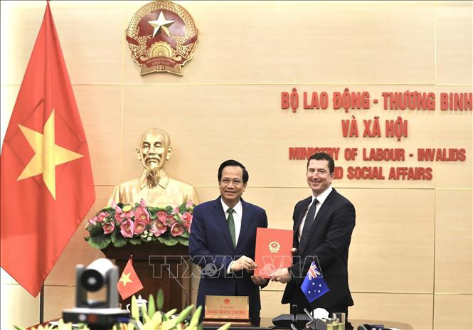 越南劳动荣军社会部部长陶玉蓉与澳大利亚驻越南副大使、临时代办马克·塔特索尔(Mark Tattersall)。图自越通社 为越南劳工入境澳大利亚从事农业工作创造便利条件 ảnh 1