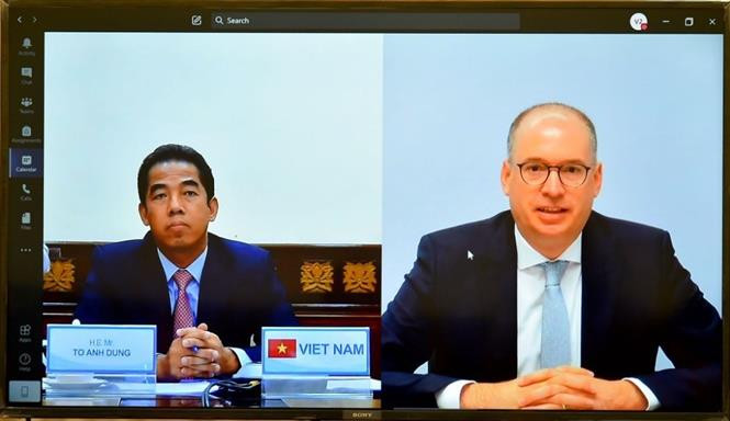 越南外交部副部长苏英勇同德国外交部国务部长尼尔斯·安恩(Niels Annen)举行视频会谈。图自越通社 进一步深化越南与德国在各领域的战略伙伴关系 ảnh 2