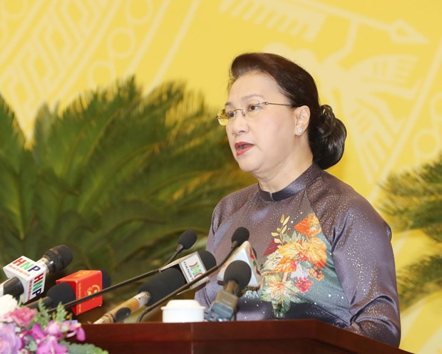 越南国会主席阮氏金银在会上发言。图自越通社 国会主席:平福省应充分发挥少数民族潜在优势 实现全面且可持续发展目标 ảnh 1