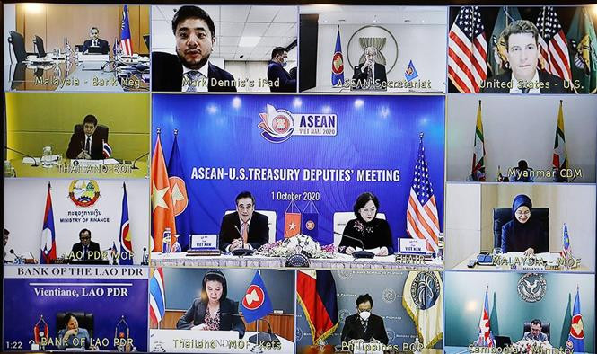 视频会议全景。图自越通社 ASEAN 2020:东盟与美国召开金融银行领域合作对话 ảnh 2