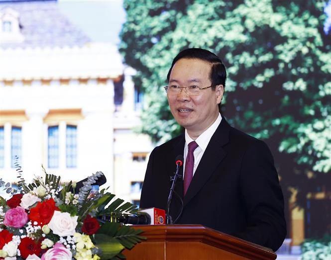越南国家主席武文赏在会上发言。图自越通社 国家主席武文赏:建设以审判为中心以争讼为突破口的司法诉讼制度 ảnh 2