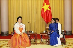 越南国家副主席邓氏玉盛会见朝鲜越南友好协会代表团