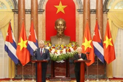阮富仲总书记与古巴国务委员会主席兼部长会议主席迪亚斯-卡内尔共同会见记者